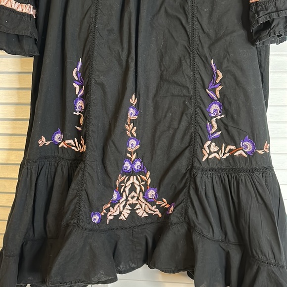 FREE PEOPLE Pavlo Embroidered Ruffle Boho Lined Dress Black Babydoll Large - Picture 5 of 11